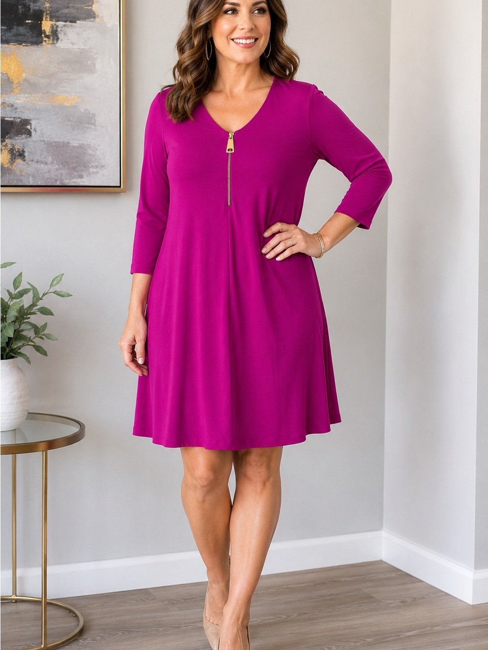 Nina Leonard Large Magenta 3/4 Sleeve Gold Zip Neck Swing Dress Stretch